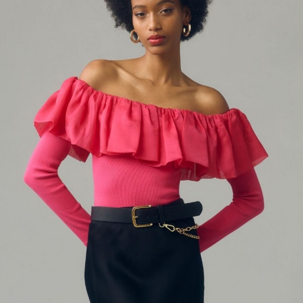 Anthropologie Pink Off The Shoulder Organza Ruffle Top Size Small